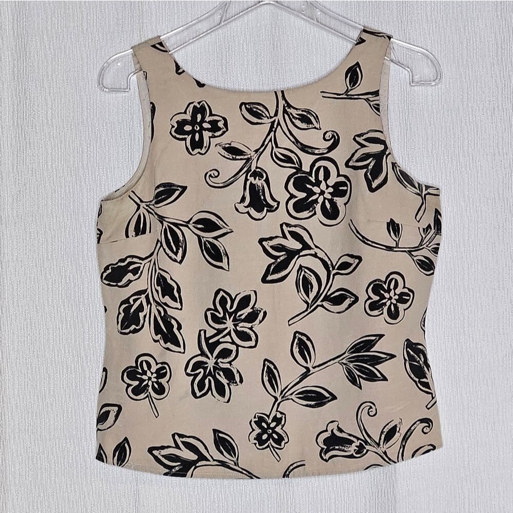 Sandra King Silk & Linen Taupe & Black Floral Sleeveless Lined Pullover Blouse